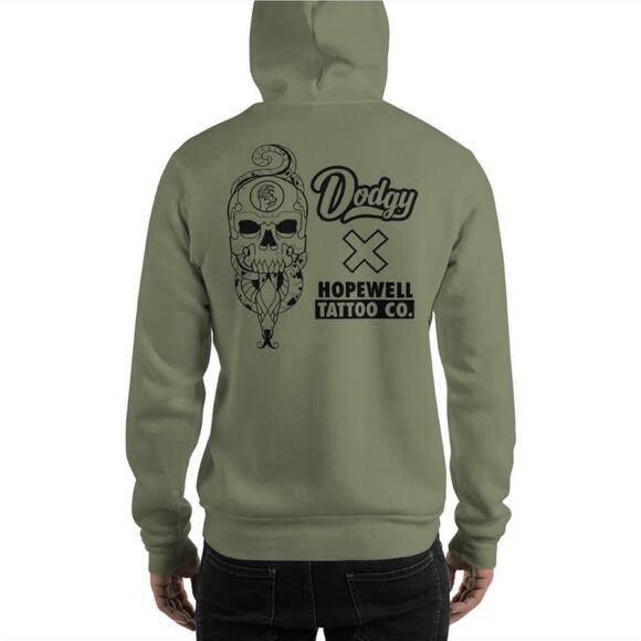 Dodgy Collective x Hopewell Tattoo Hoodie Collab - Olive Green - NWT - Size L - Picture 3 of 8